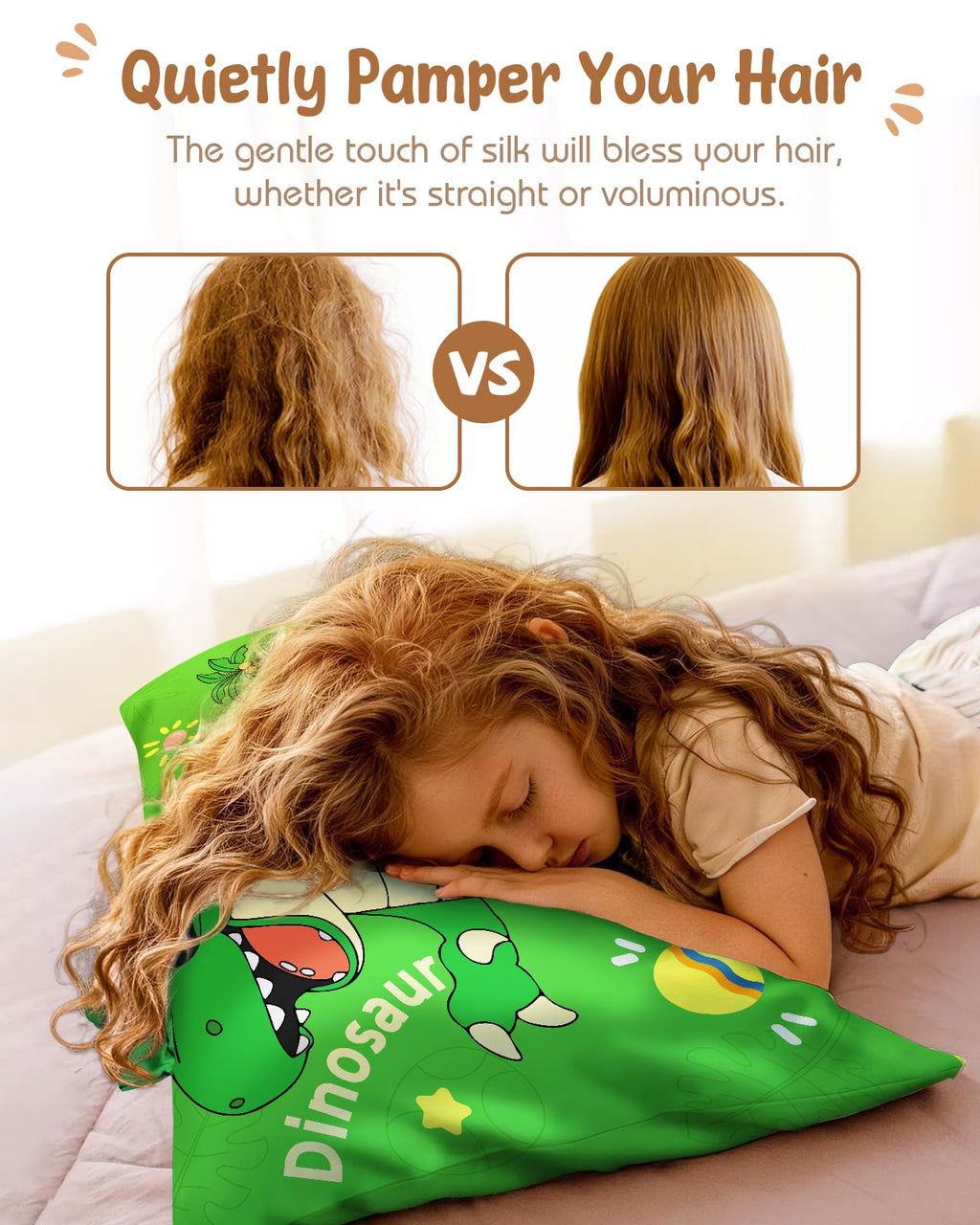 Miss Adola Kids Pillowcases Standard Size 20"x26" - Cute Cartoon Soft Breathable Silk Pillow Cases for Hair and Skin with Hidden Zipper for Fun Kawaii Design for Bedding, Green Dnosaur