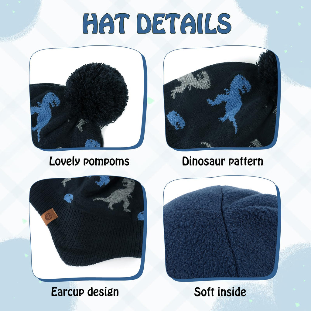 Duoyeree Kids Beanie Dinosaur Pom Pom Knit Winter Hat Fleece Lined for 1-7T