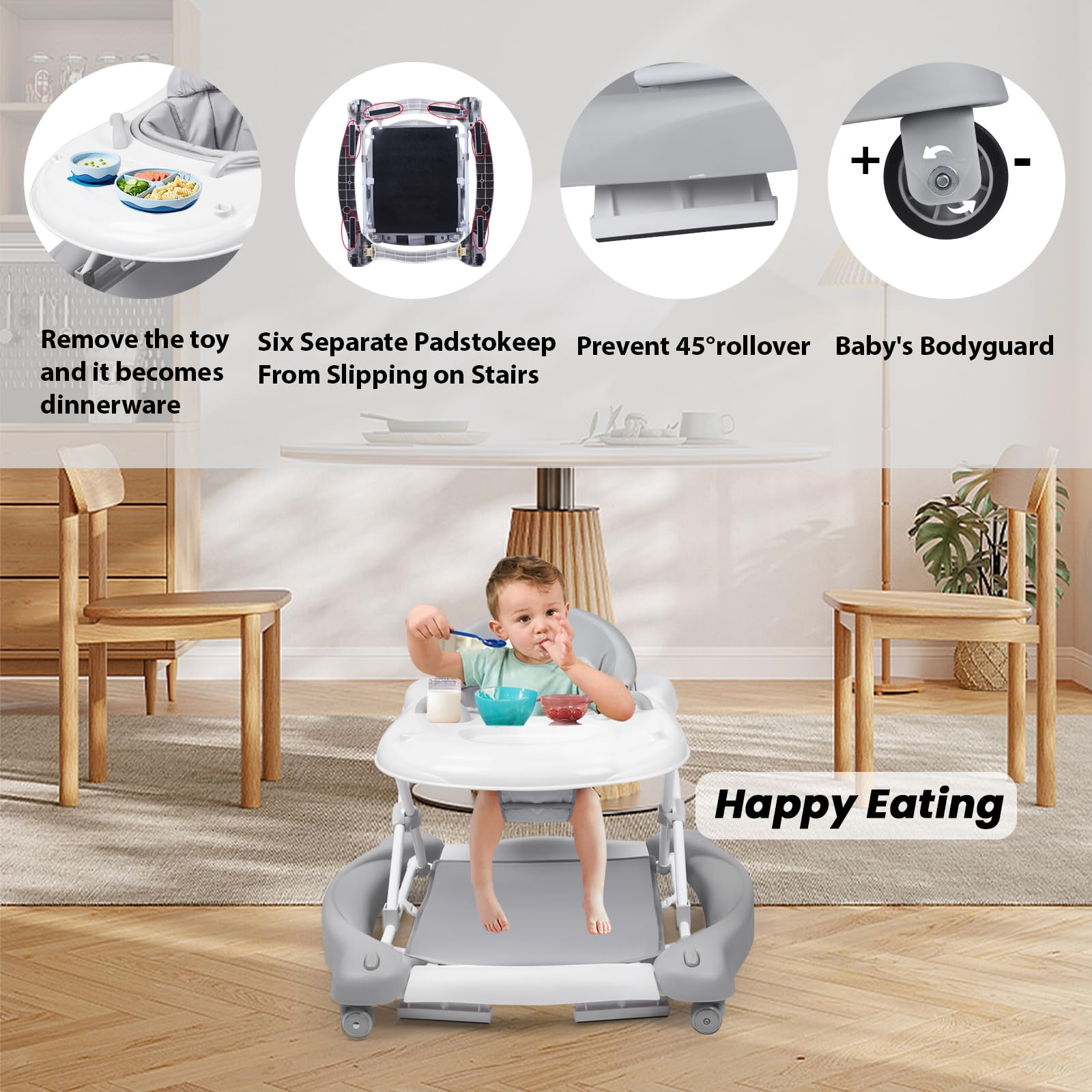 Boyro Baby Baby Walker, 5-in-1 Baby Walkers for Boys and Girls 6-12 Months with Bouncer, Removable Footrest, Feeding Tray & Music, Foldable & Adjustable Activity Walker for 6-18 Months Toddler Infant