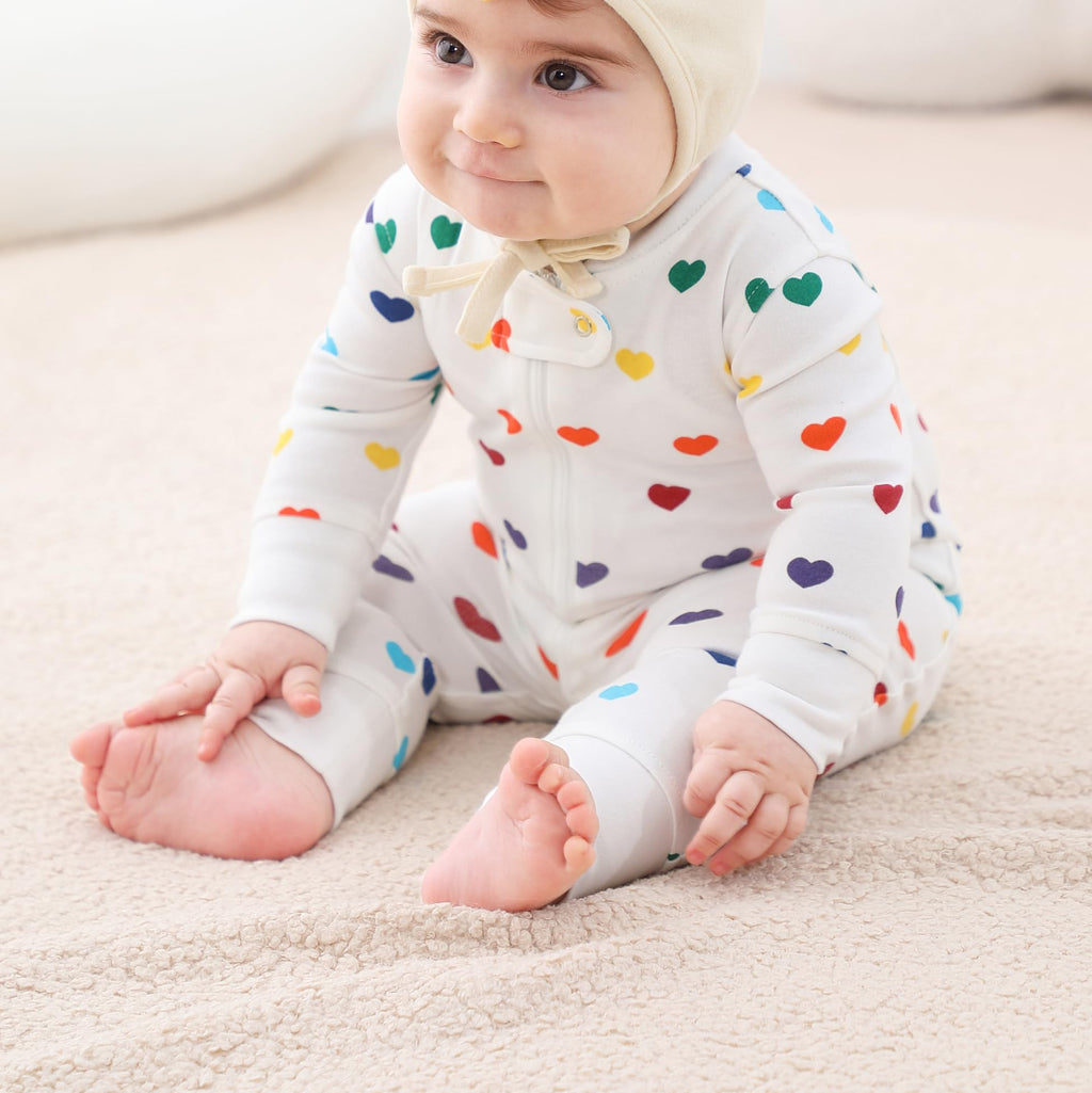 Owlivia Organic Cotton Baby Boy Girl Zip up Sleep N Play, Footless, Long Sleeve(0-3 Months, Rainbow Hearts)