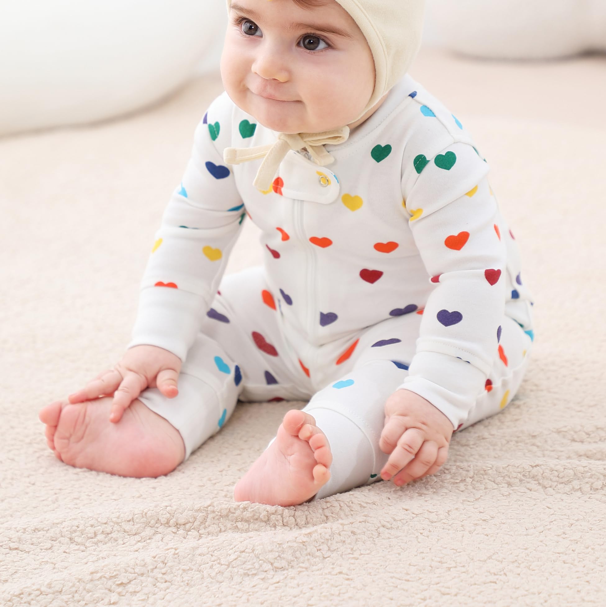 Owlivia Organic Cotton Baby Boy Girl Zip up Sleep N Play, Footless, Long Sleeve(0-3 Months, Rainbow Hearts)