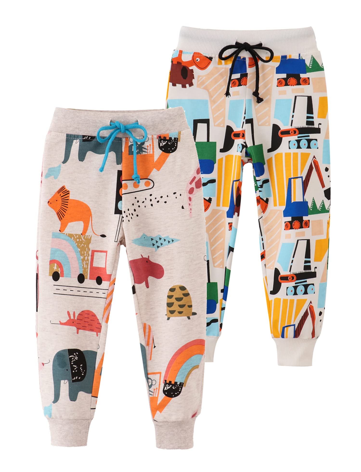 HUAER& Baby Boy's Jogger Pants Dinosaur Car Drawstring Elastic Sweatpants 2 Pack (Beige + Beige Car 3T)