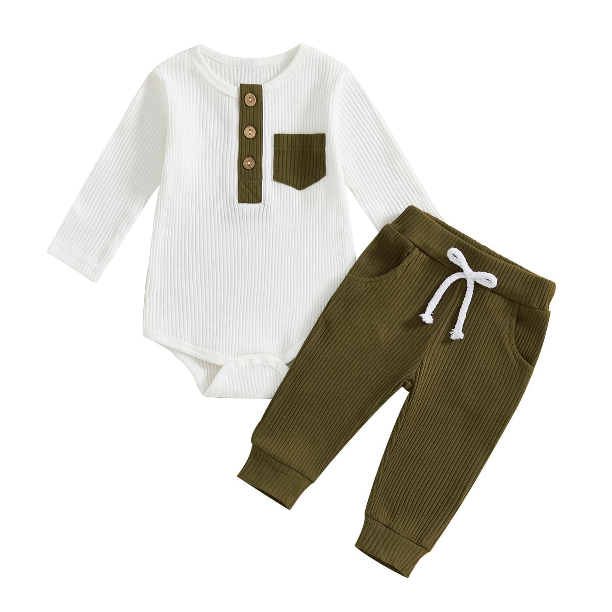 fhutpw Baby Boy Clothes 3 6 12 18 Months Ribbed Knitted Long Sleeve Romper and Pants Sets Newborn Fall Splicing Color Outfits (White&Brown, 3-6 Months)