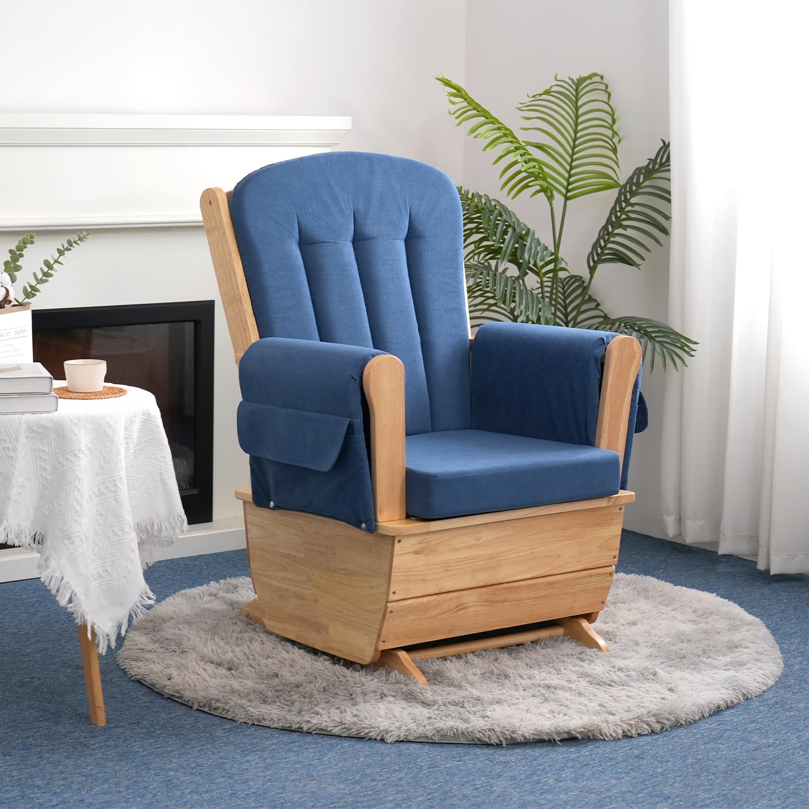 akucvor Glider Rocker Nursery Chair, Cut Pile Padded Seat, 280 lbs, Blue