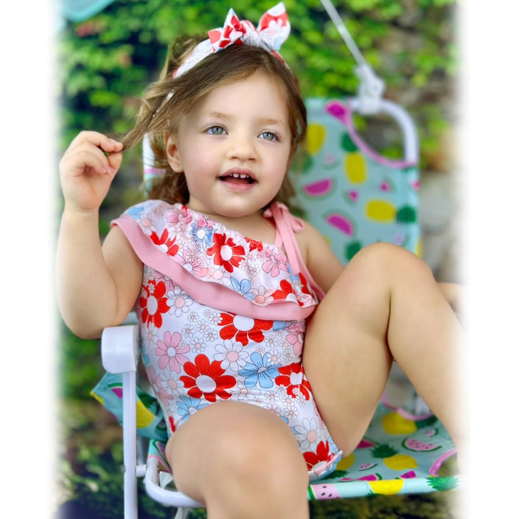 6 Month Baby Girls One Piece Ruffle Swimsuits Infant Floral Bathing Suit Off Shoulder Flower Swimwear Swimming Beach Wear with Headband 6-12 Months
