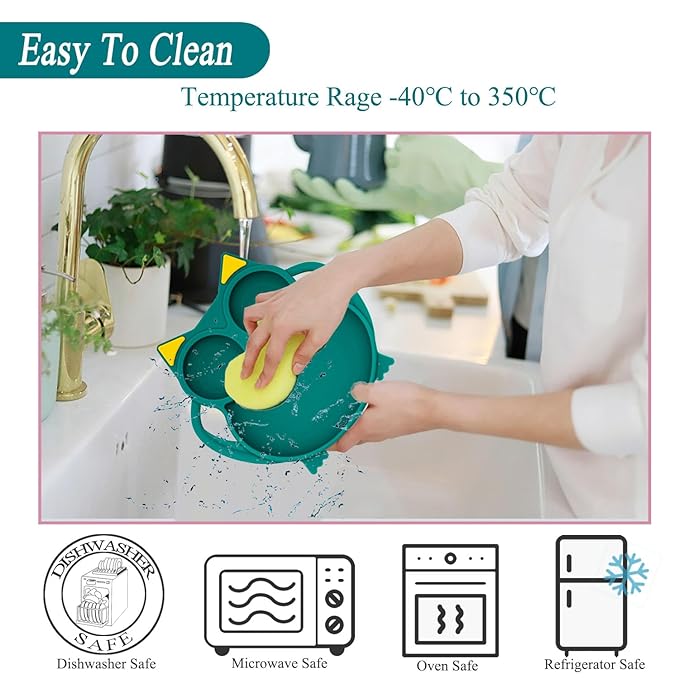 Toddler Silicone Suction Plate with Spoon and Fork, Adjustable Bib, Blue Owl