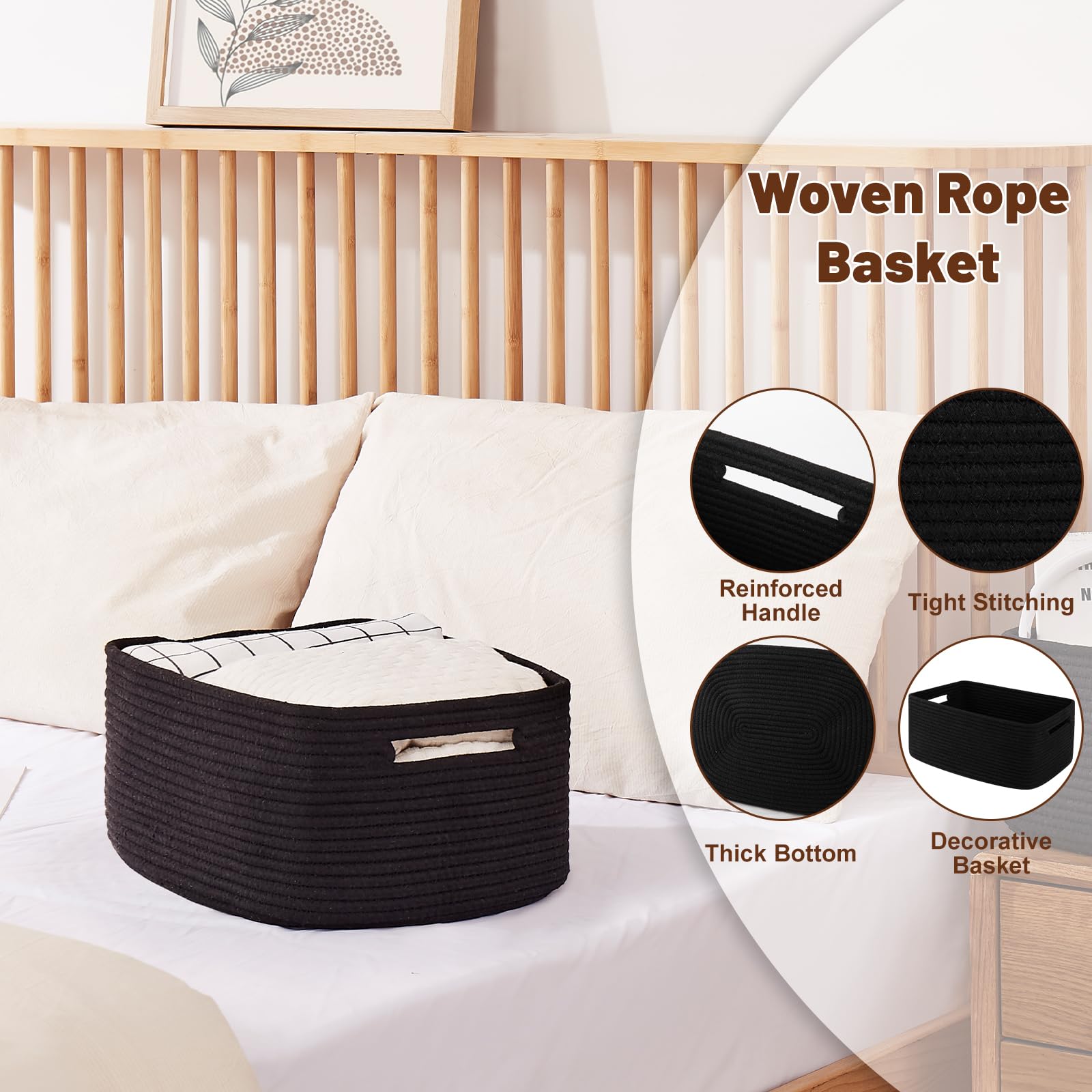 OIAHOMY Storage Basket for Shelves, Closet Cube Storage Bins Baskets for Clothes Blanket Towels, Baby Nursery, Toy Baskets Box, Woven Rope Basket, 15.75 * 11.81 * 7.09 IN, 2 Packs Black