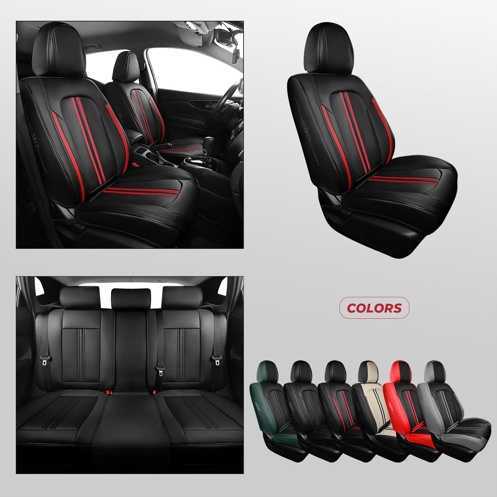 FREESOO Leather Seat Covers Full Set for Cars Trucks SUV, Black Red Line