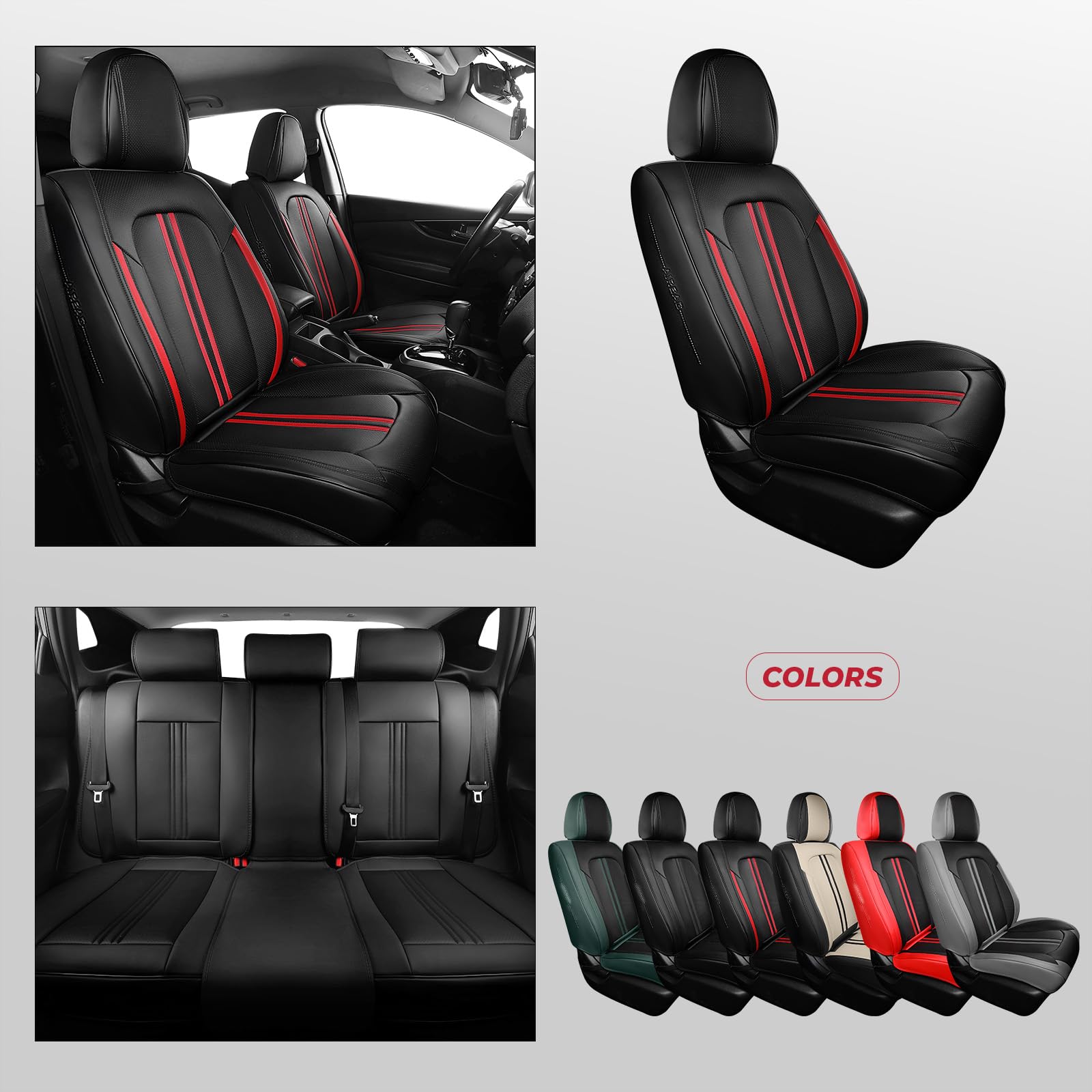 FREESOO Leather Seat Covers Full Set for Cars Trucks SUV, Black Red Line