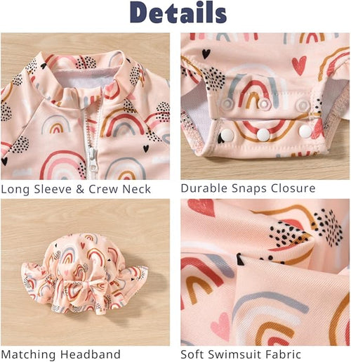 3-6 Months Infant Baby Girls One Piece Long Sleeve Swimsuit Rainbow Bathing Suit Zip Up Swimwear Beach Wear