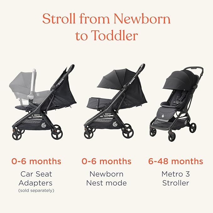 Ergobaby Metro 3 All in One Compact Baby Stroller - Lightweight Travel Stroller - Easy One-Hand Fold for Overhead Airplane Storage (Carries up to 50 lbs) - Car Seat Compatible - Natural Beige