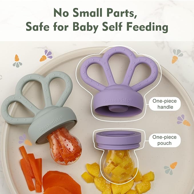 Bessentials Carrot Baby Fresh Fruit Food Feeder & 2 Pack Silicone Mesh Feeders | Safe Infant Self-Feeding|Includes 3 Sizes of Food Pouches |Suitable for Baby 4M+|BPA-Free (Lilac & Misty Green)