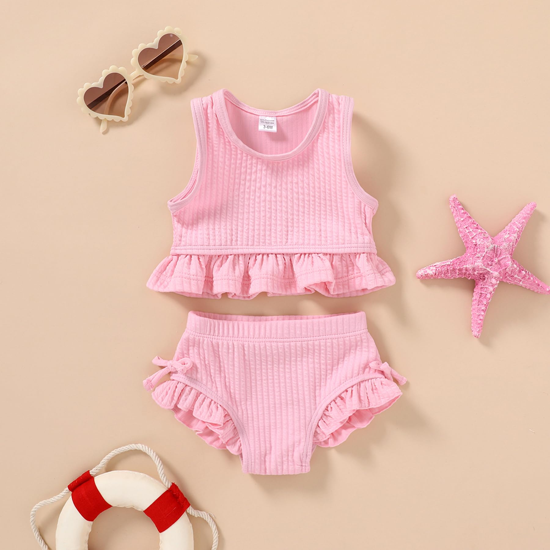 HAPPYMA Baby Swimsuit Toddler Girl Bathing Suit Summer Solid Color Bikini Set Beach Two Piece Swim Wear (Pink, 6-12 Months)