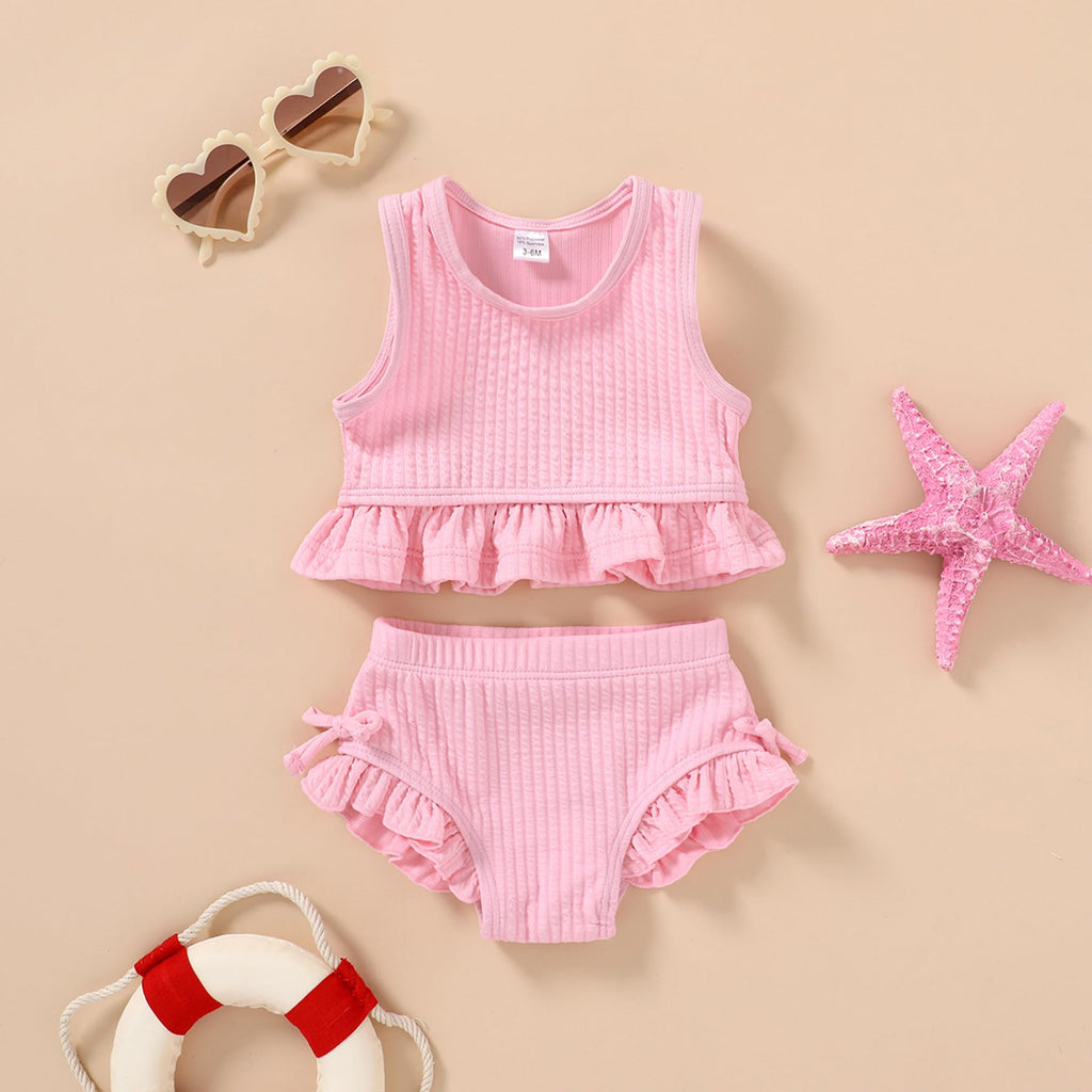 HAPPYMA Baby Swimsuit Toddler Girl Bathing Suit Summer Solid Color Bikini Set Beach Two Piece Swim Wear (Pink, 2-3T)