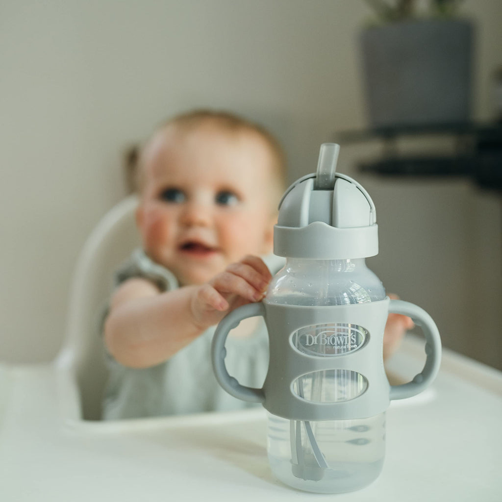 Dr. Brown's Milestones Wide-Neck Sippy Straw Bottle with 100% Silicone Handles and Weighted Straw, 9 oz/270 mL, Gray & Blue, 6m+