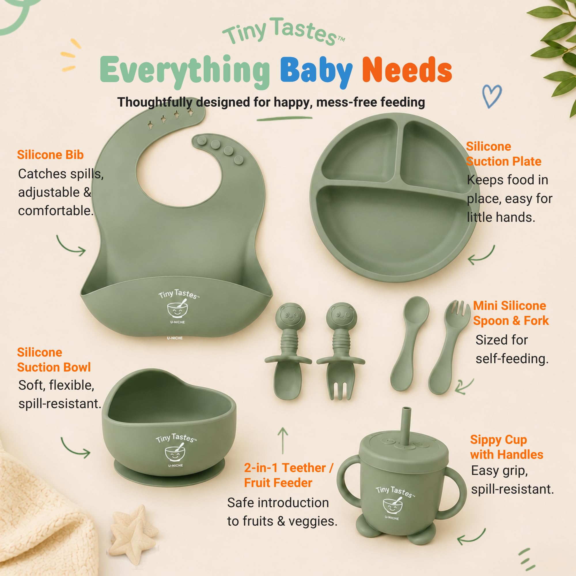 Tiny Tastes 10-Piece Silicone Baby Feeding Set – Baby Led Weaning Supplies with Suction Plate & Bowl, Adjustable Bib, Snack Cup, Spoons & Fork, BPA-Free Baby Feeding Essentials for Toddlers