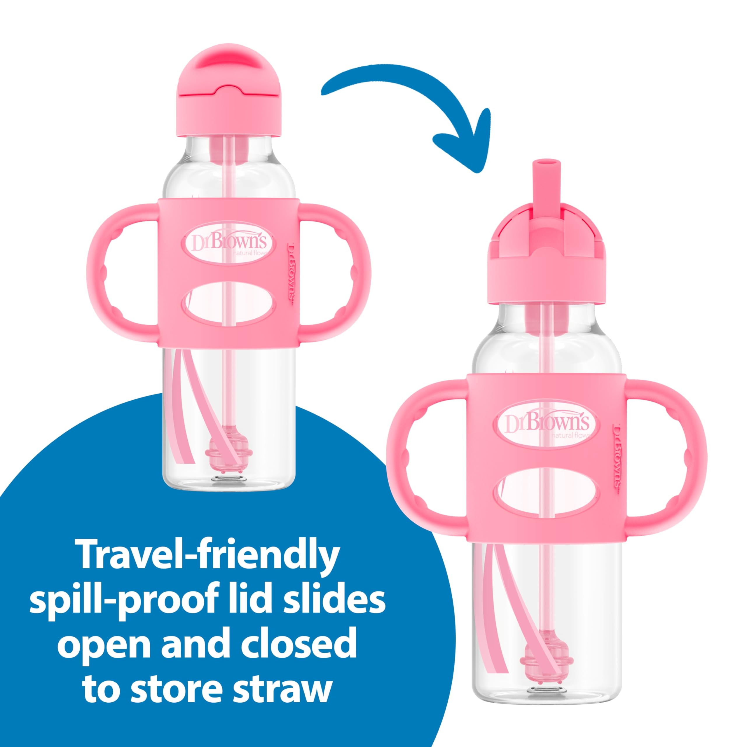 Dr. Brown's Milestones Narrow Sippy Straw Bottle, Spill-Proof with 100% Silicone Handles and Weighted Straw, 8 oz/250 mL, Gray/Pink, 6m+