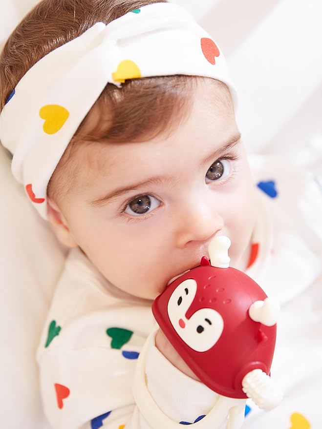 Baby Christmas Stocking Stuffers-Smily Mia Penguin Buddy and Reindeer 2 in 1 Christmas Gift/Toy Set for 0-12 Months Teething Babies, Teeting Mittens For Babies, Infant Christmas Gift Box-Christmas Red