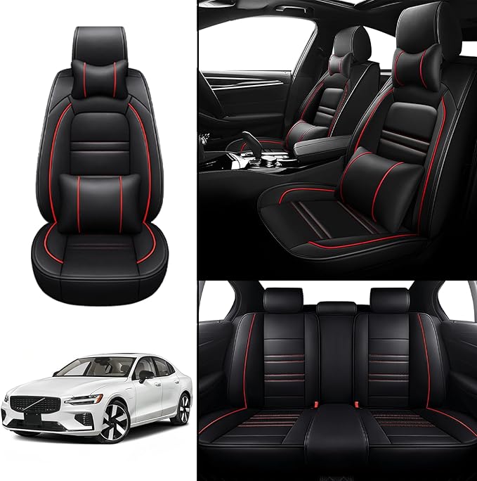 Car Seat Covers for Volvo Car s60 2001-2025 | 5-Seats Seat Covers, Waterproof Seat Protectors, Automotive Seat Covers (Full Set with Pillow,Black&Red Line)