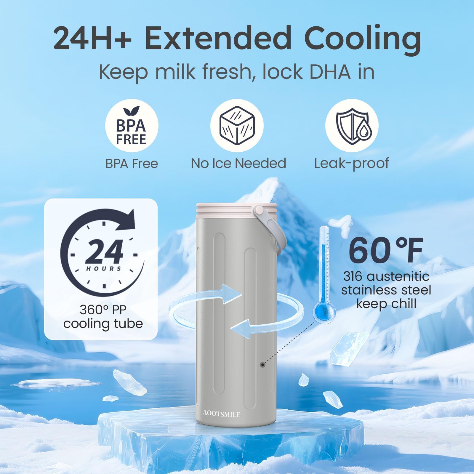 Portable Breast Milk Cooler for Travel, 22oz Large Capacity Breastmilk Chiller for Working Moms, 360° Cooling Keeps Milk Chilled 24 Hours, Includes 2 Baby Bottles, Breastfeeding Essentials