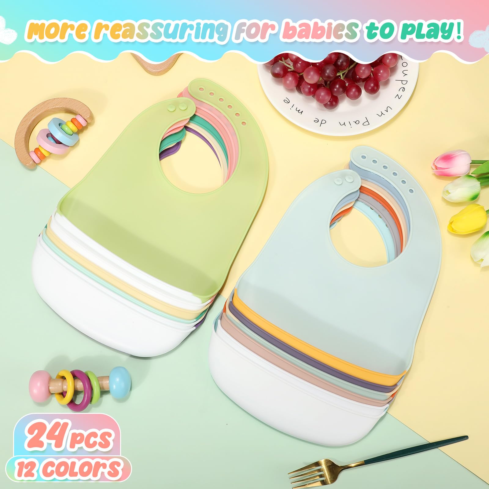 Mepase 12 Pcs Silicone Bibs Waterproof Silicone Baby Bibs Soft Adjustable Baby Feeding Unisex Baby Eating Supplies(Bright Color)