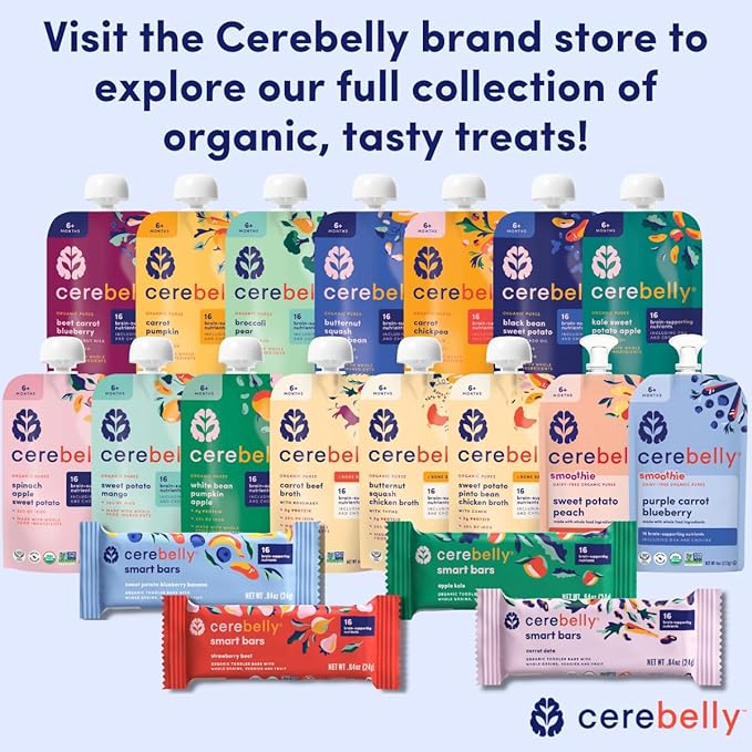 Cerebelly Organic Baby Food Pouches, Beet Carrot Blueberry Purees, 16 Nutrients, No Added Sugar, Fiber & Non-GMO, 4oz, 12 Pack