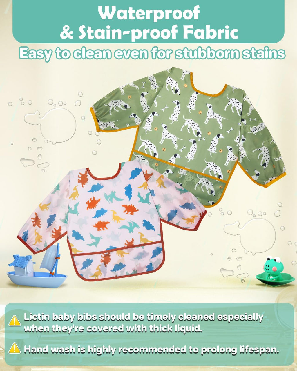 Lictin Baby Bibs for Boys Girls - Long Sleeve Bib, Waterproof Toddler Bibs, 0-24 Months Neutral Baby Smock for Eating (Dark Blue/Wathet/Blue/Green/Brown, 0-24 months)