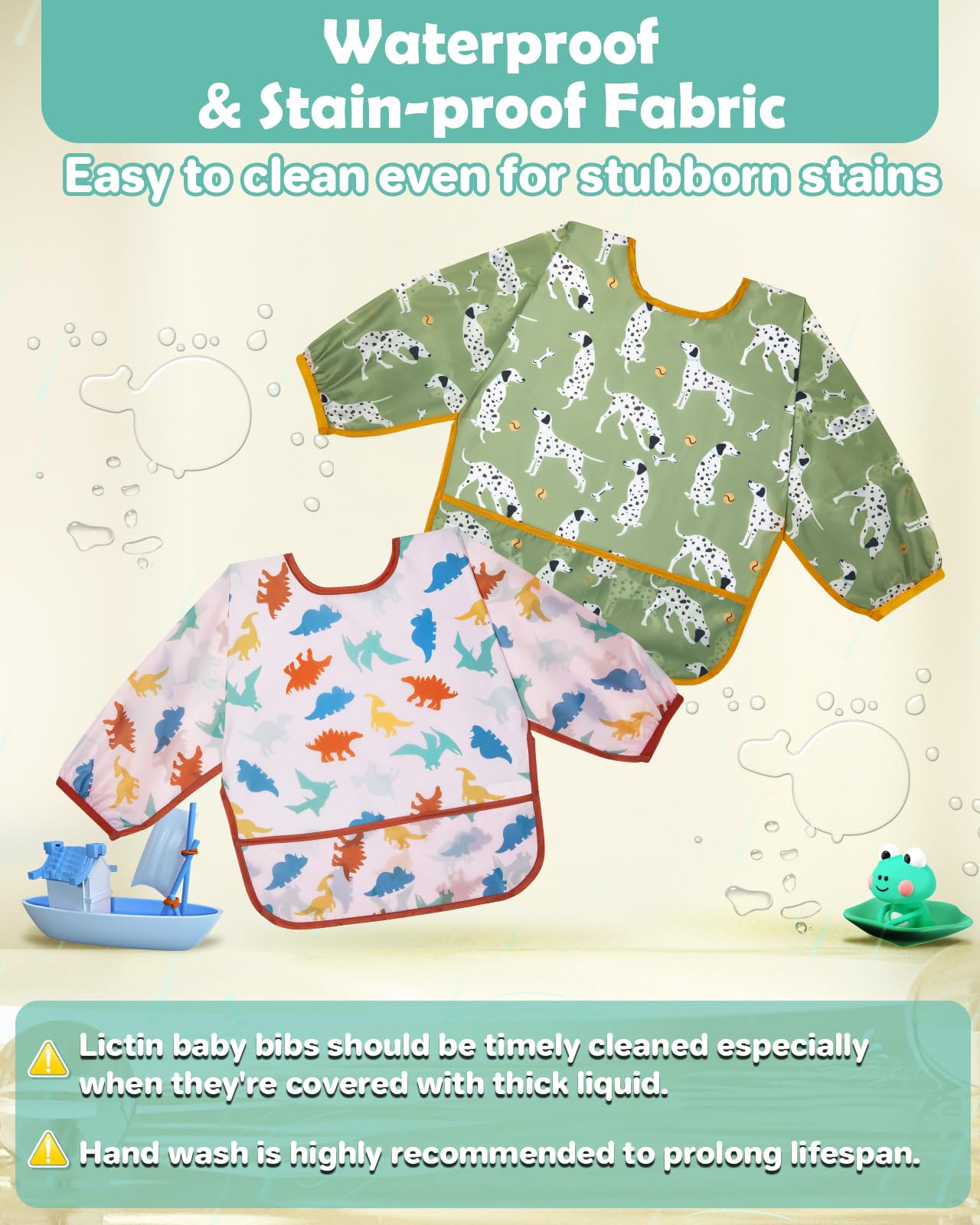 Lictin Baby Bibs for Boys Girls - Long Sleeve Bib, Waterproof Toddler Bibs, 0-24 Months Neutral Baby Smock for Eating (Dark Blue/Wathet/Blue/Green/Brown, 0-24 months)