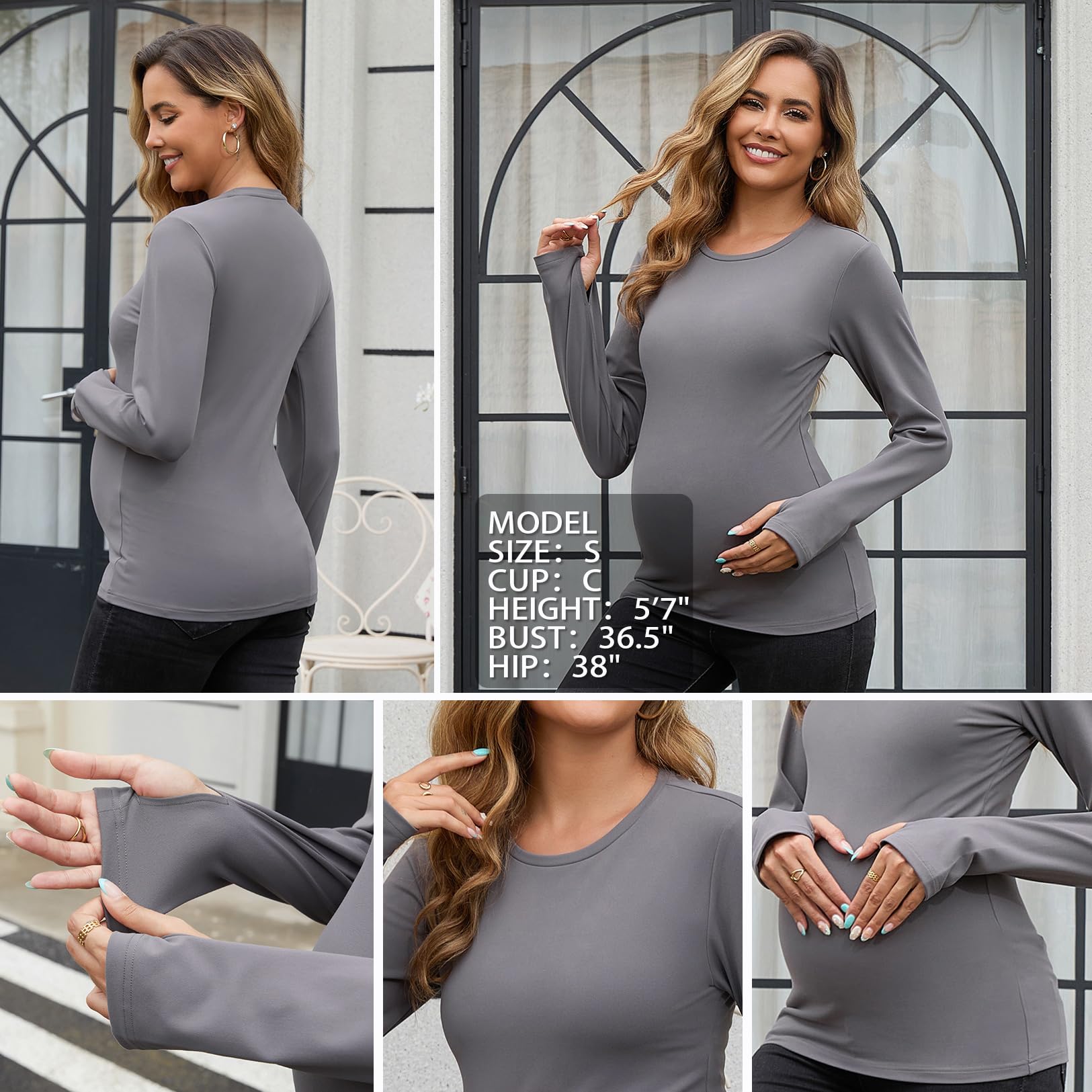 GINKANA Maternity Long Sleeve Shirts Yoga Tshirt Soft Stretchy Crewneck Casual Pregnancy Basic Tops with Thumbholes,Dark Gray,XXL