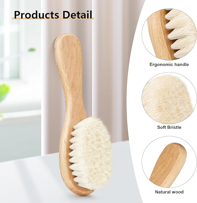Baby Hair Brush and Purple Cradle Cap Brush Set for Newborns and Toddlers, Wooden Baby Hair Brush Set with Soft Goat Bristle, Baby Hair Care Kit 2PCS