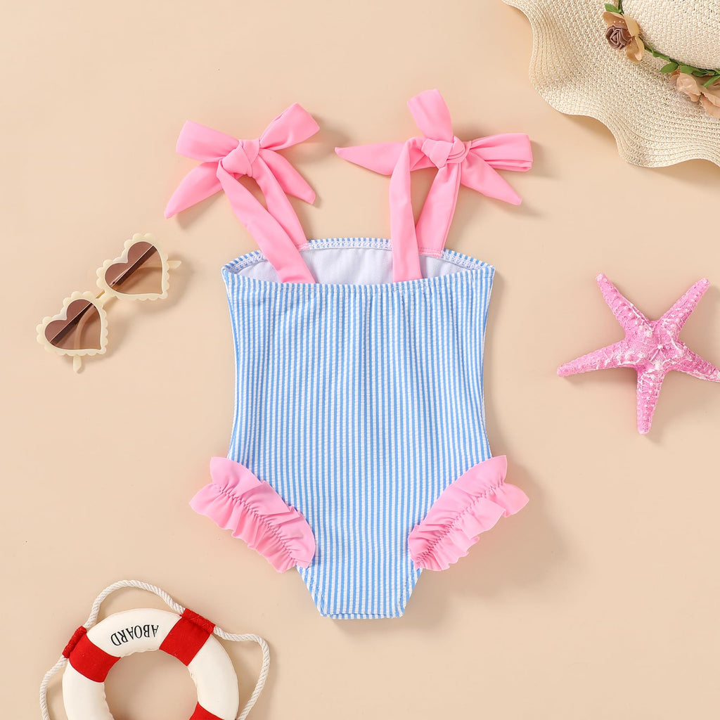 Happy Town Toddler Swimsuit Girl Solid Color Stripe One-Piece Baby Bathing Suits (Blue Stripes, 5-6 Years)