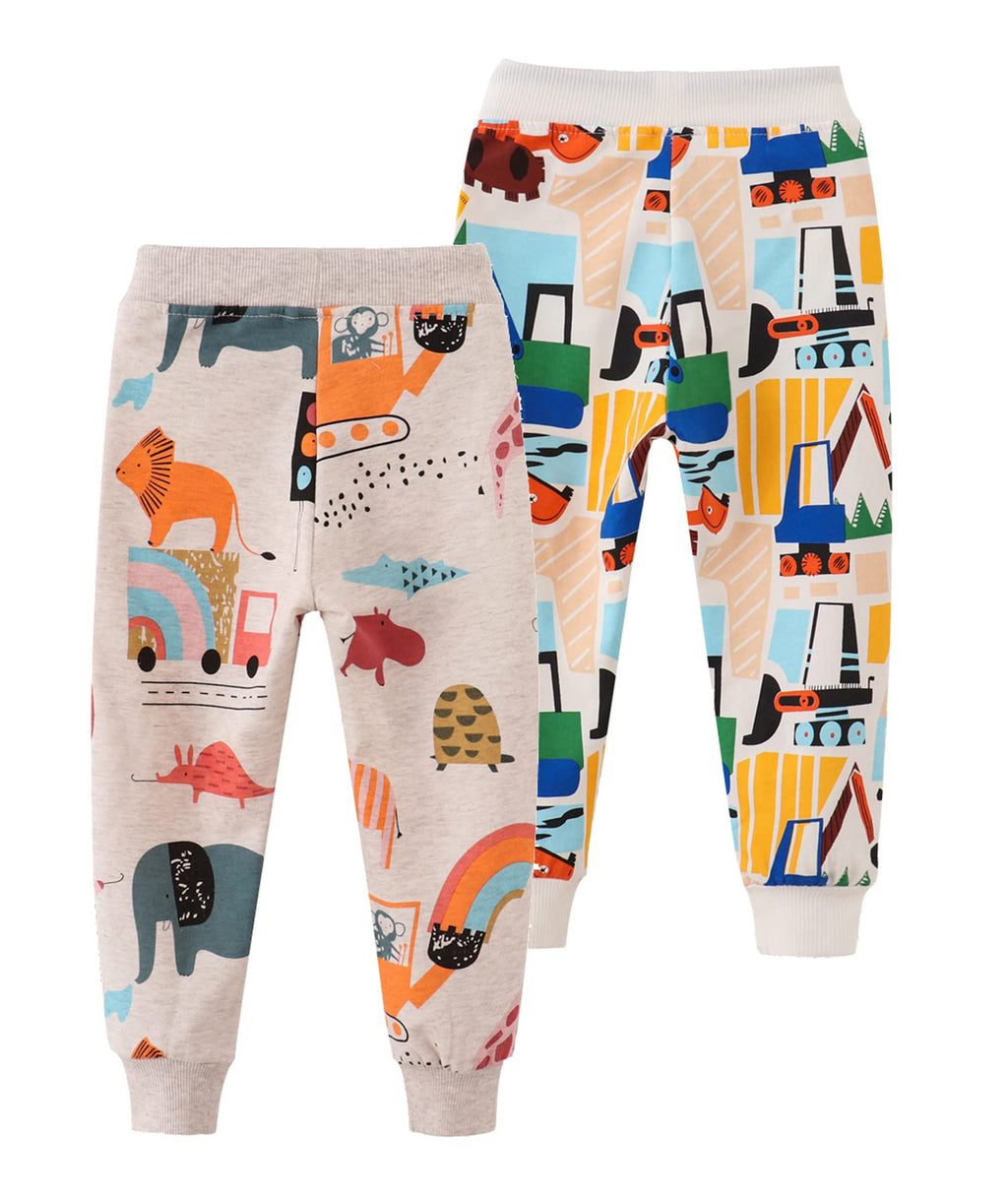 HUAER& Baby Boy's Jogger Pants Dinosaur Car Drawstring Elastic Sweatpants 2 Pack (Beige + Beige Car 3T)