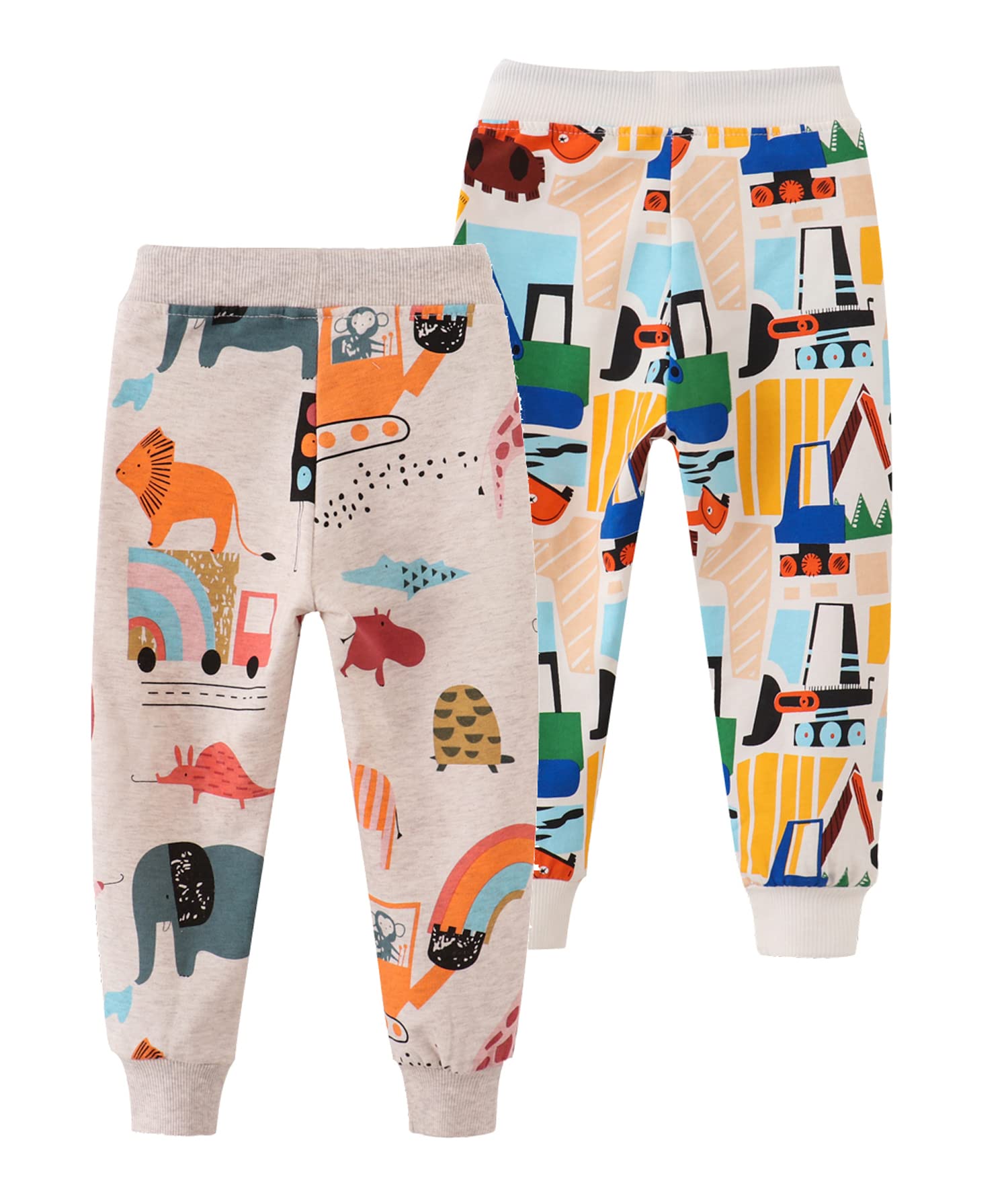 HUAER& Baby Boy's Jogger Pants Dinosaur Car Drawstring Elastic Sweatpants 2 Pack (Beige + Beige Car 3T)
