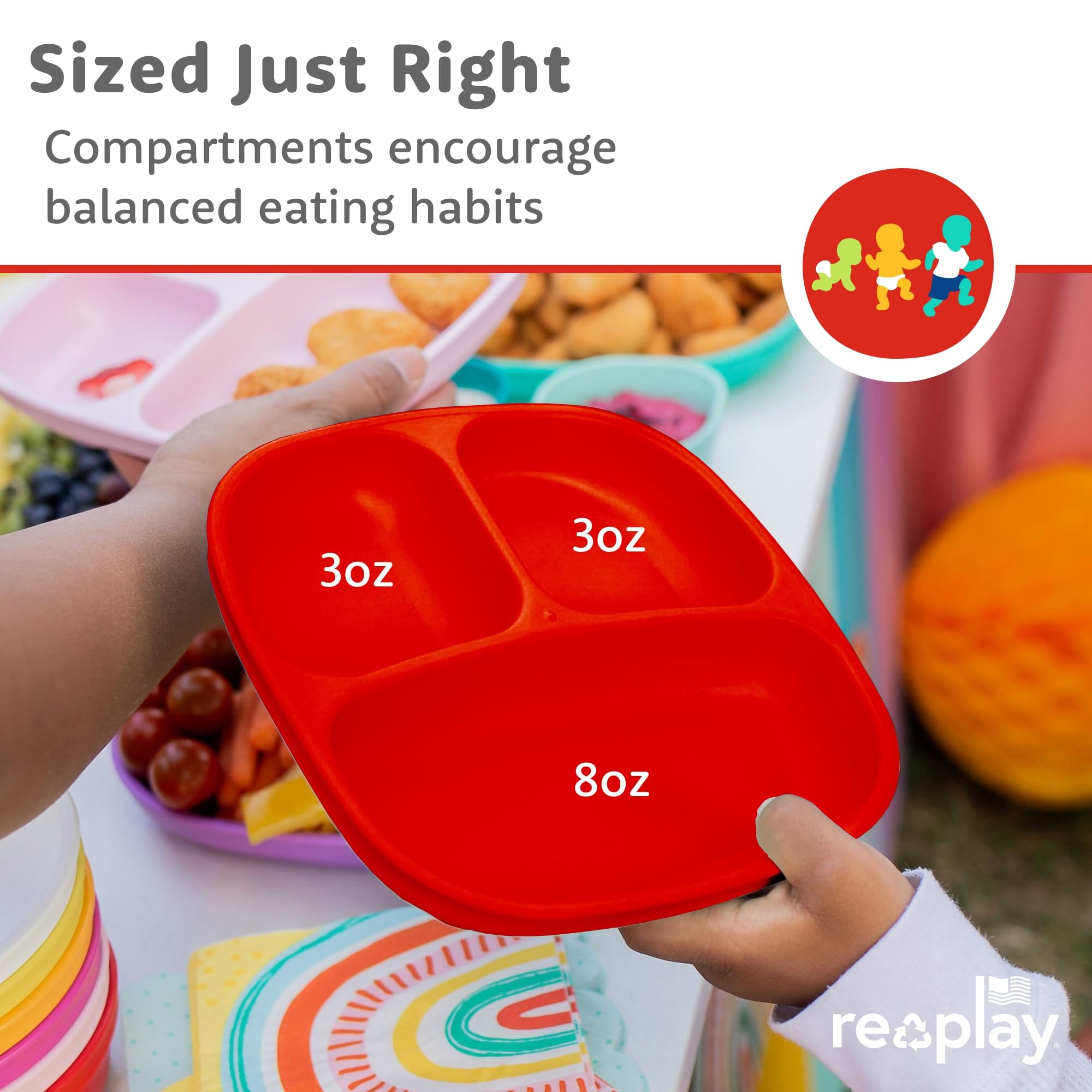 Re-Play Divided Toddler Plates Set of 4 - Deep-Walled 3 Compartment Kids Plates for Picky Eaters - Dishwasher & Microwave Safe - BPA-Free - Made in USA, Red