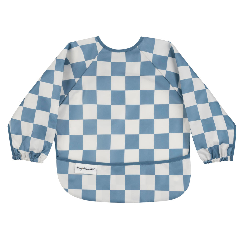 Tiny Twinkle Long Sleeve Bib for Babies & Toddlers | Waterproof Smock Bib for Eating | Machine Washable & Mess-Proof Feeding Essentials | Newborn Shower Gift (Checkers Blue, 6–24M)