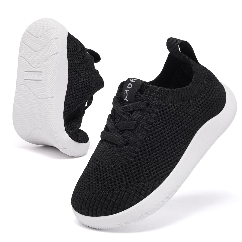 MORENDL Toddler Boy Shoes Baby First Wide Toe Barefoot Walking Shoes Girls Non-Slip Slip On Tennis Sneakers Black 9-12 Months