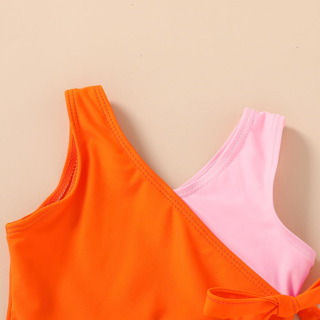 Happy Town Toddler Swimsuit Girl One Piece Bathing Suit Color Block Swimwear Baby Summer Beach Wear(5-6 Years,Pink Orange Green)