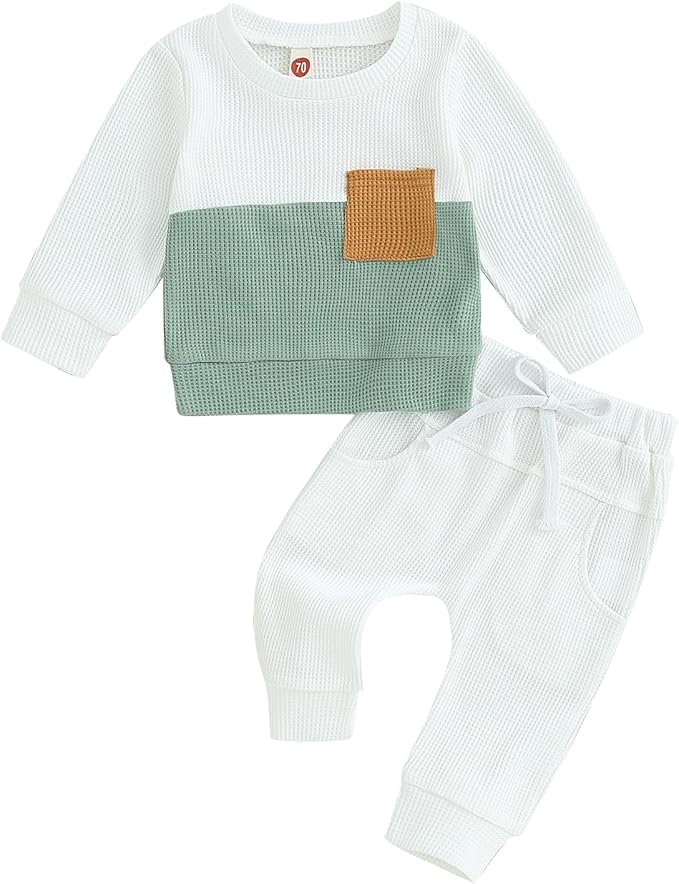 Toddler Baby Boy Fall Clothes Waffle Outfit Long Sleeve Color Blocking Sweatshirt Pullover Jogger Pant Set