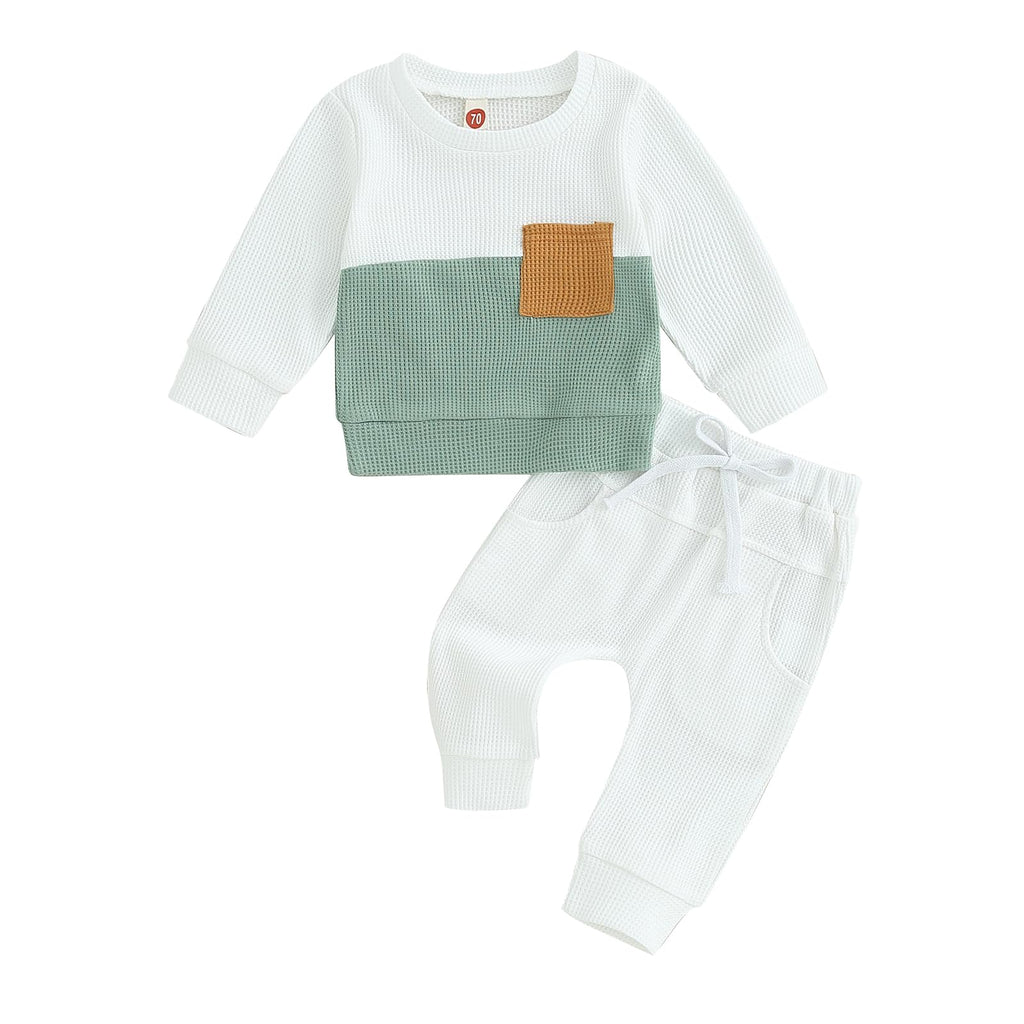 Fufuriprefer Toddler Baby Boy Fall Clothes Waffle outfit Long Sleeve Top Jogger Pant Set (White, 0-6 Months)