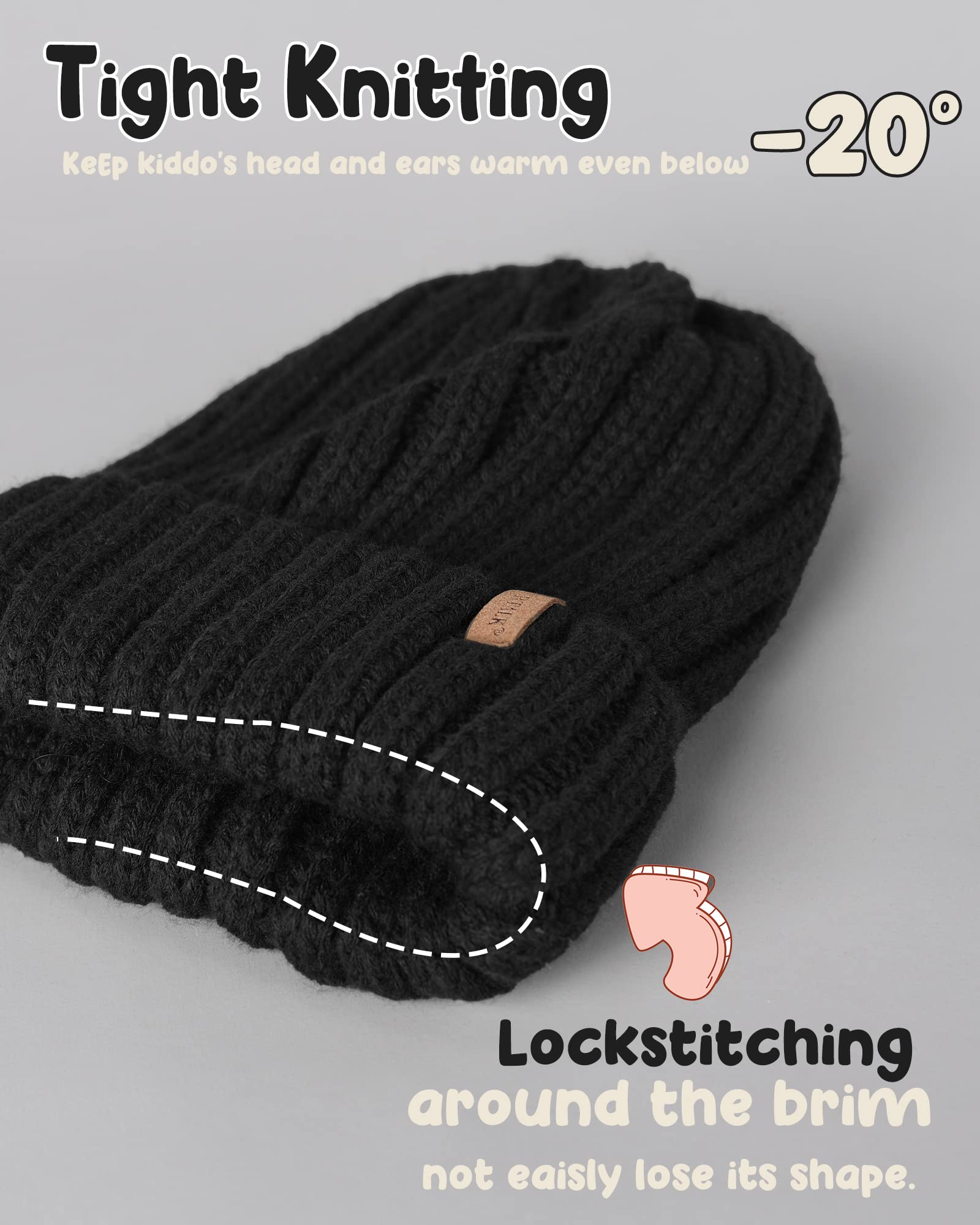 FURTALK Kids Winter Hat Toddler Knitted Beanie Faux Fur Pom Black