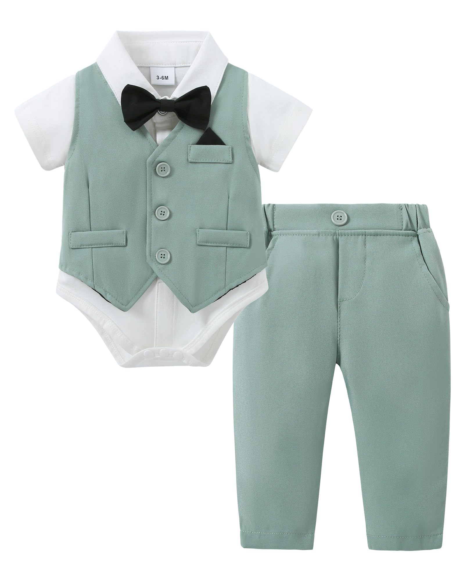 DISAUR Baby Boy Western Outfit First Birthday Outfit Baby Boy Short Sleeve Infant White Shirt Light Green Vest Pants Bow Tie 3 6 Months
