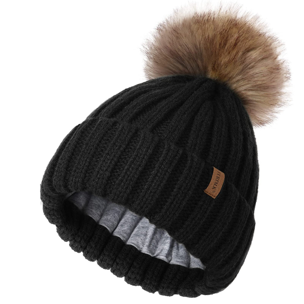 FURTALK Kids Winter Hat Toddler Knitted Beanie Faux Fur Pom Black