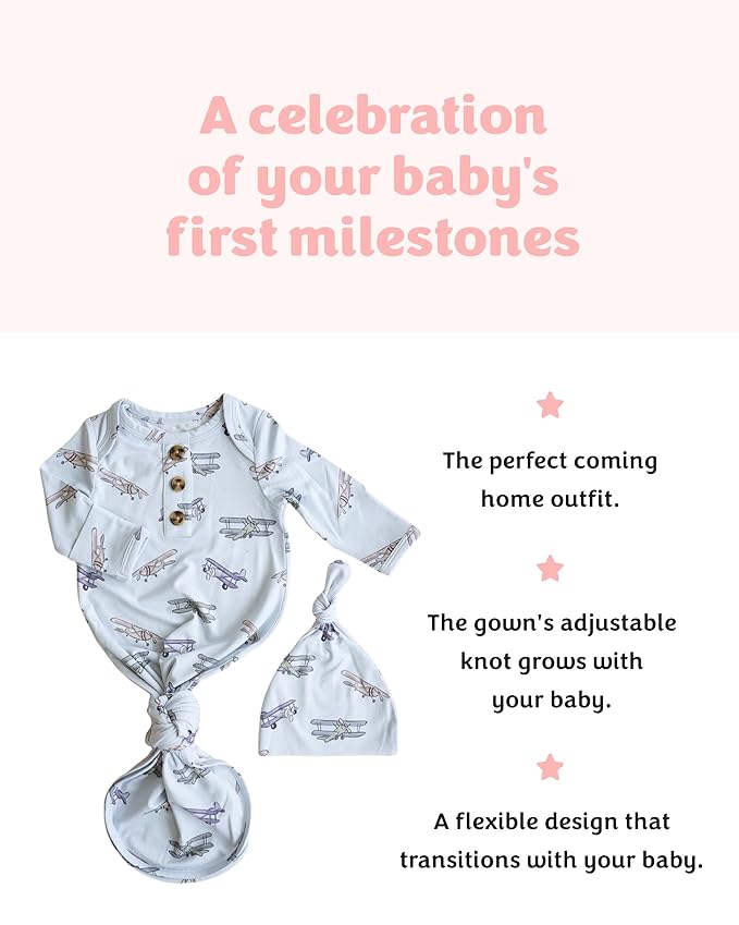 Caden Lane Newborn Knotted Gown with Hat, Soft Bamboo Viscose Baby Sleep Sack, Unisex Infant Nightgown, Breathable Sleepwear