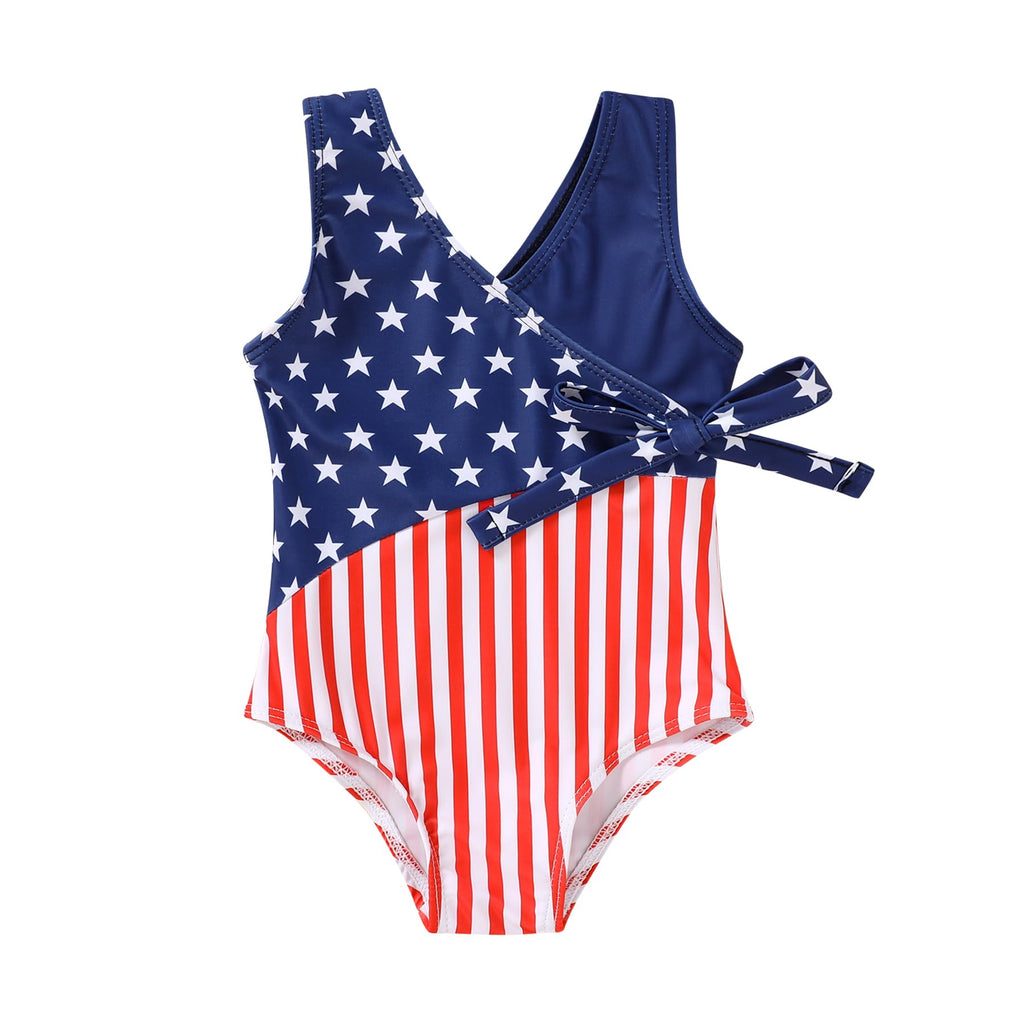 Happy Town Toddler Swimsuit Girl One Piece Bathing Suit Color Block Swimwear Baby Summer Beach Wear(12-18 Months,4th of July)