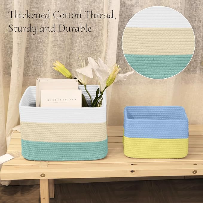Hopegiver 3 Pack Storage Baskets for Organizing with Handle, Woven Baskets for Shelves - Durable Gift Basket for Cloth Toys Books Baby, Cotton Rope Basket for Dog Cat, 15x11x10 Inch(White&Cream&Green)