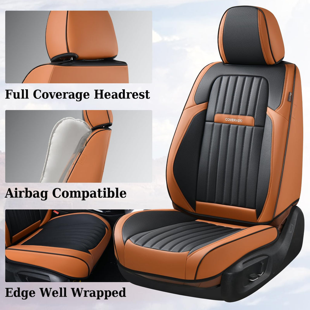 Coverado Car Seat Covers Front, Seat Covers for Cars, Waterproof 2-Pack Car Seat Cushions, Leather Carseat Seat Protectors, Universal Seat Covers Fit for Most Sedans SUV Pick-up Trucks(Brown&Black)