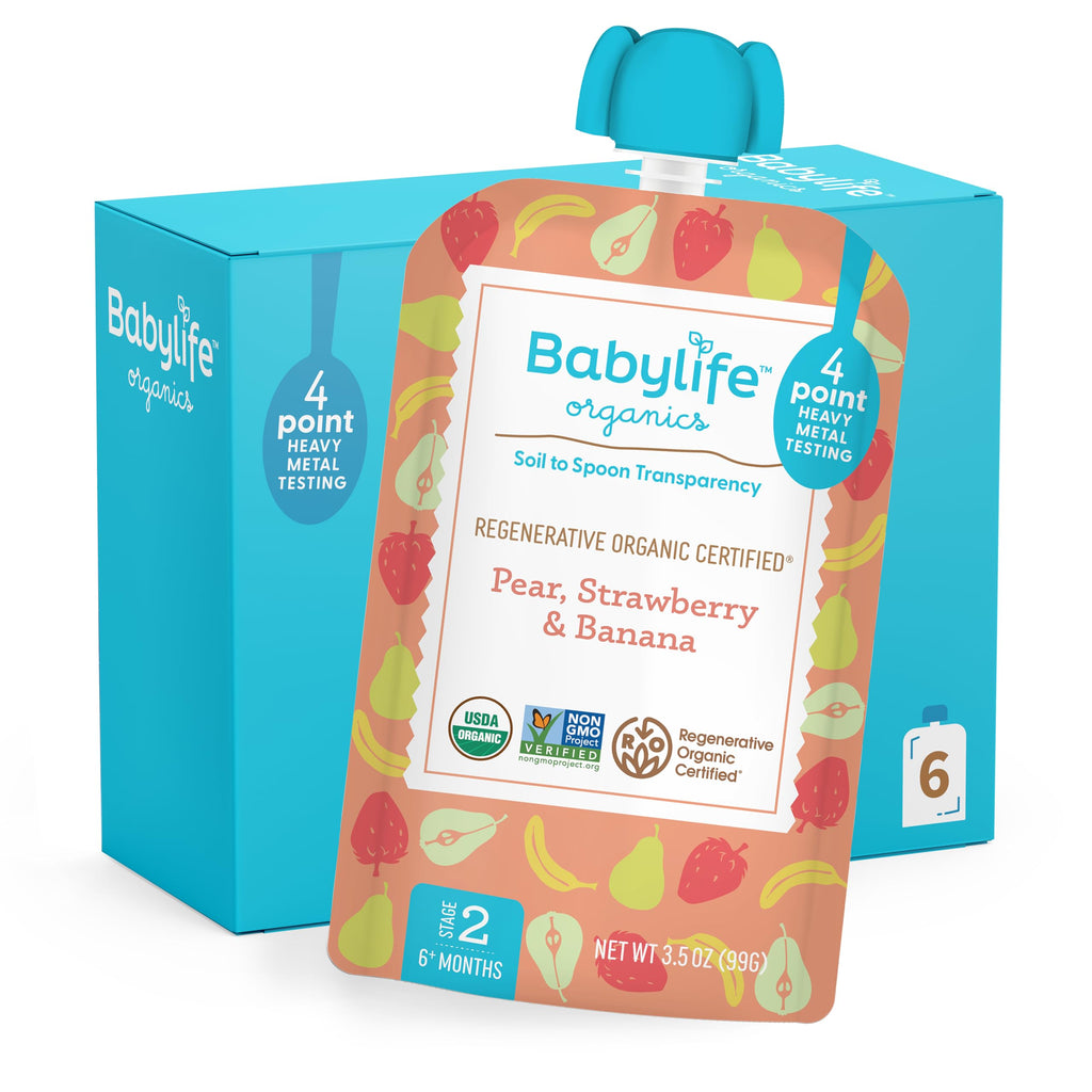 Babylife Organics Stage 2 - Pear, Strawberry & Banana, 3.5 Ounce Pouch (6 Pack) - Heavy Metal Safe, Organic Baby Food