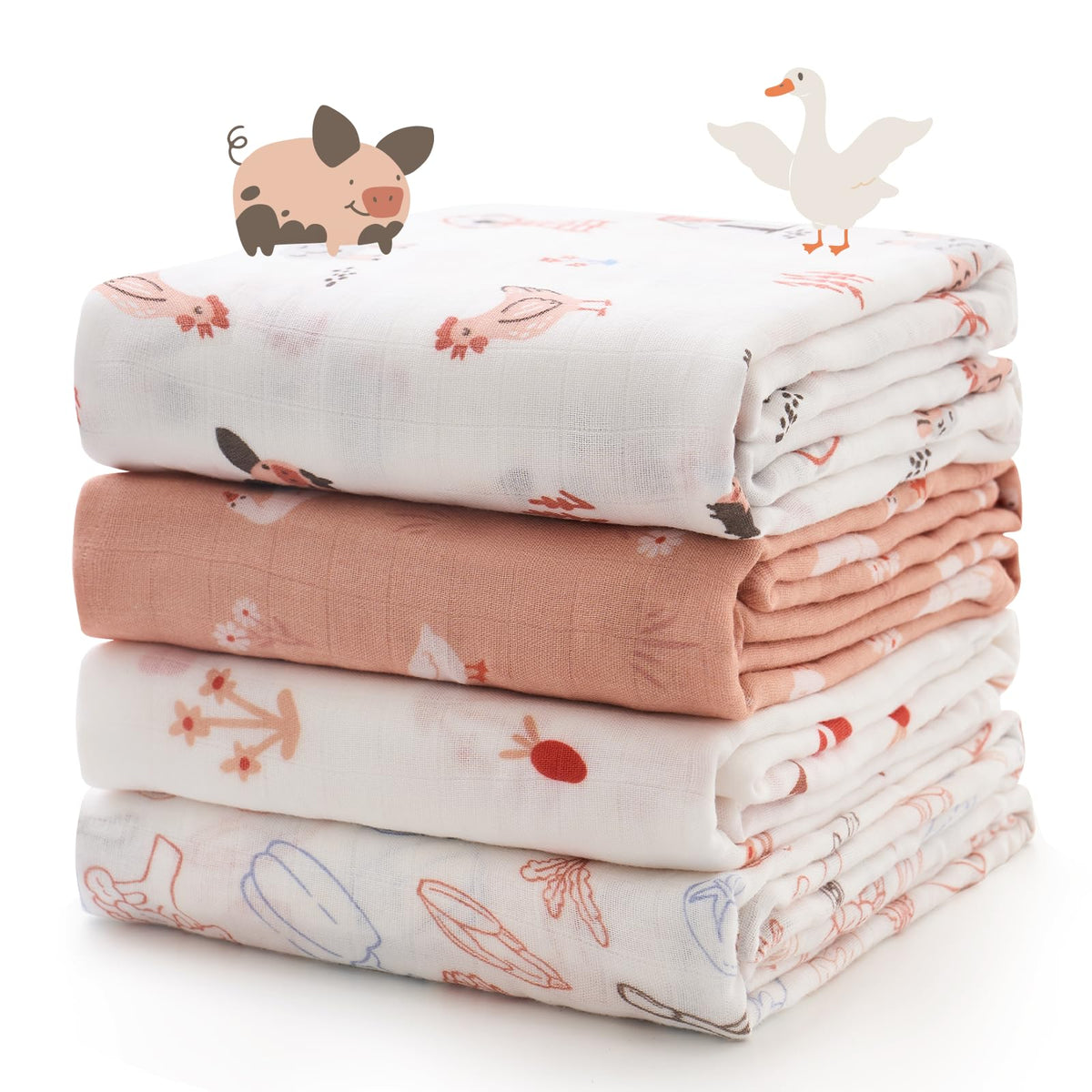 Momcozy Muslin Swaddle Blankets, 4-Pack, Large 47"x47" Little Homestead