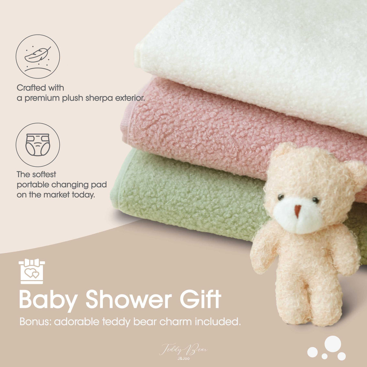 J&Joo Portable Diaper Changing Pad - Ultra Soft, Extra Padded, Waterproof Baby Changer Travel Essential, EZ Access Mesh Pockets, Gift for Baby Shower, Newborn Girls and Boys, 0-12 Months