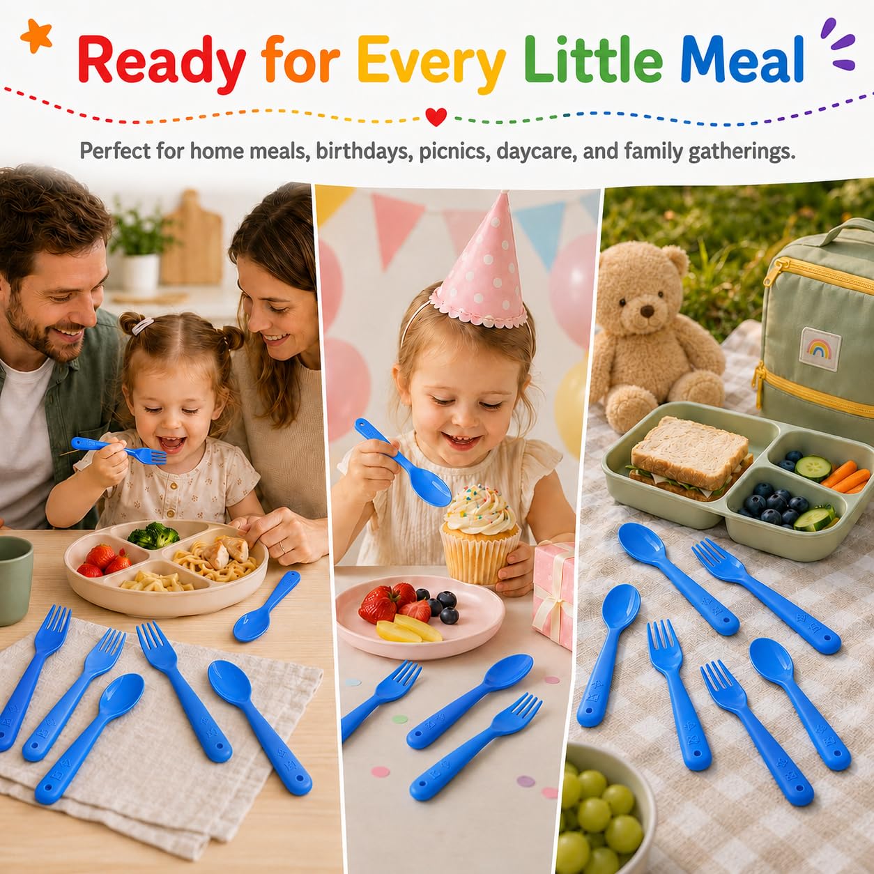 Muulaii 12 Pcs Kids Forks and Spoons, Plastic Kids Utensils Set, Blue